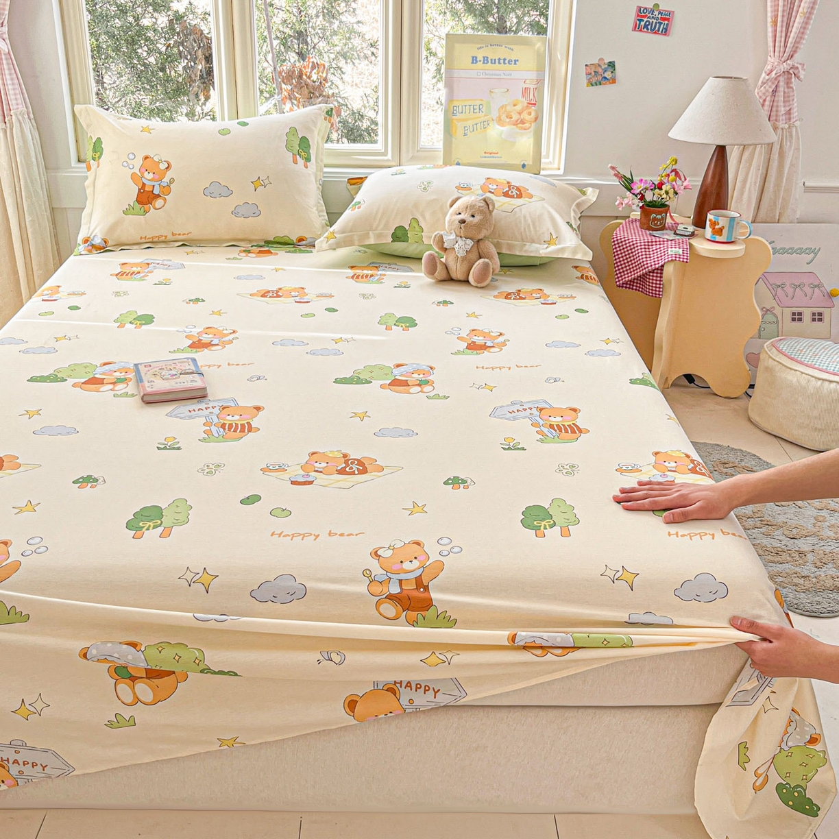 91家纺网 家纺一手货源 找家纺 莱通家纺 2026春夏新款12868全棉印花四件套单品系列二-单床单 野炊小熊