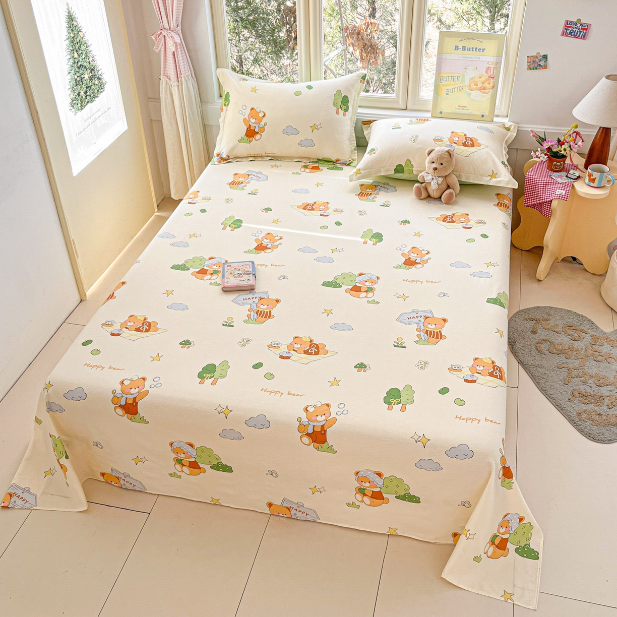 91家纺网 家纺一手货源 找家纺 莱通家纺 2026春夏新款12868全棉印花四件套单品系列二-单床单 野炊小熊