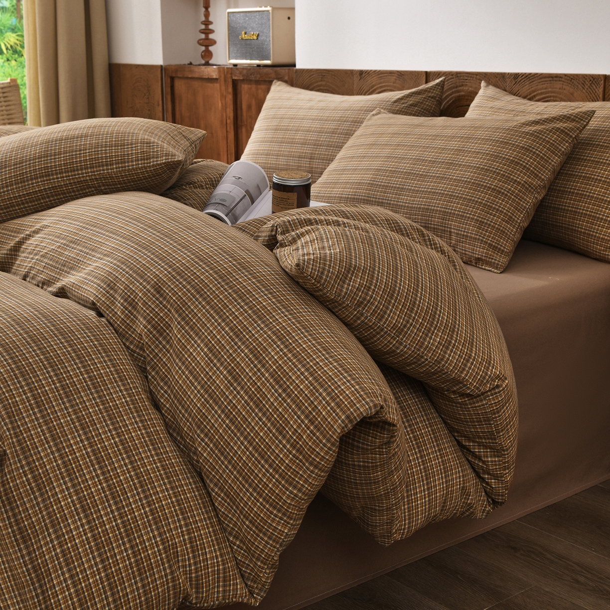 91家纺网 家纺一手货源 找家纺 金艾草 2026新款全棉纯棉水洗棉四件套床单款-复古风格 沉香-褐色
