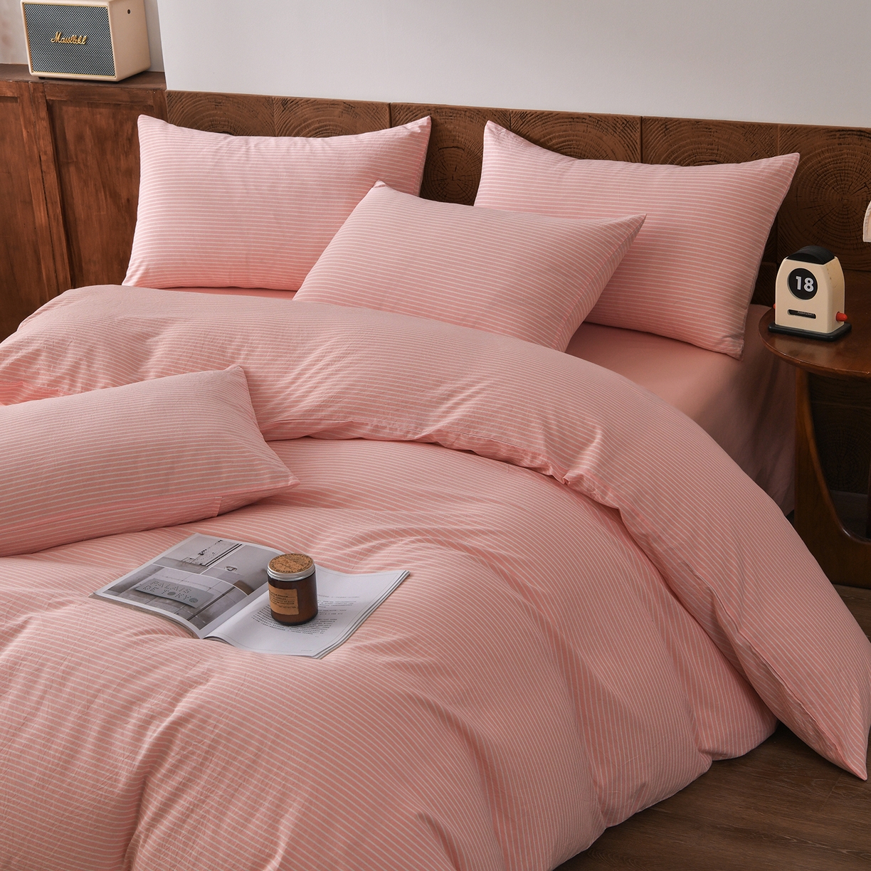 金艾草 2026新款全棉纯棉水洗棉四件套床单款-复古风格 条纹-粉色