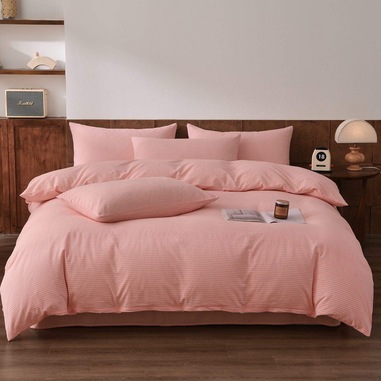 91家纺网 家纺一手货源 找家纺 金艾草 2026新款全棉纯棉水洗棉四件套床单款-复古风格 条纹-粉色