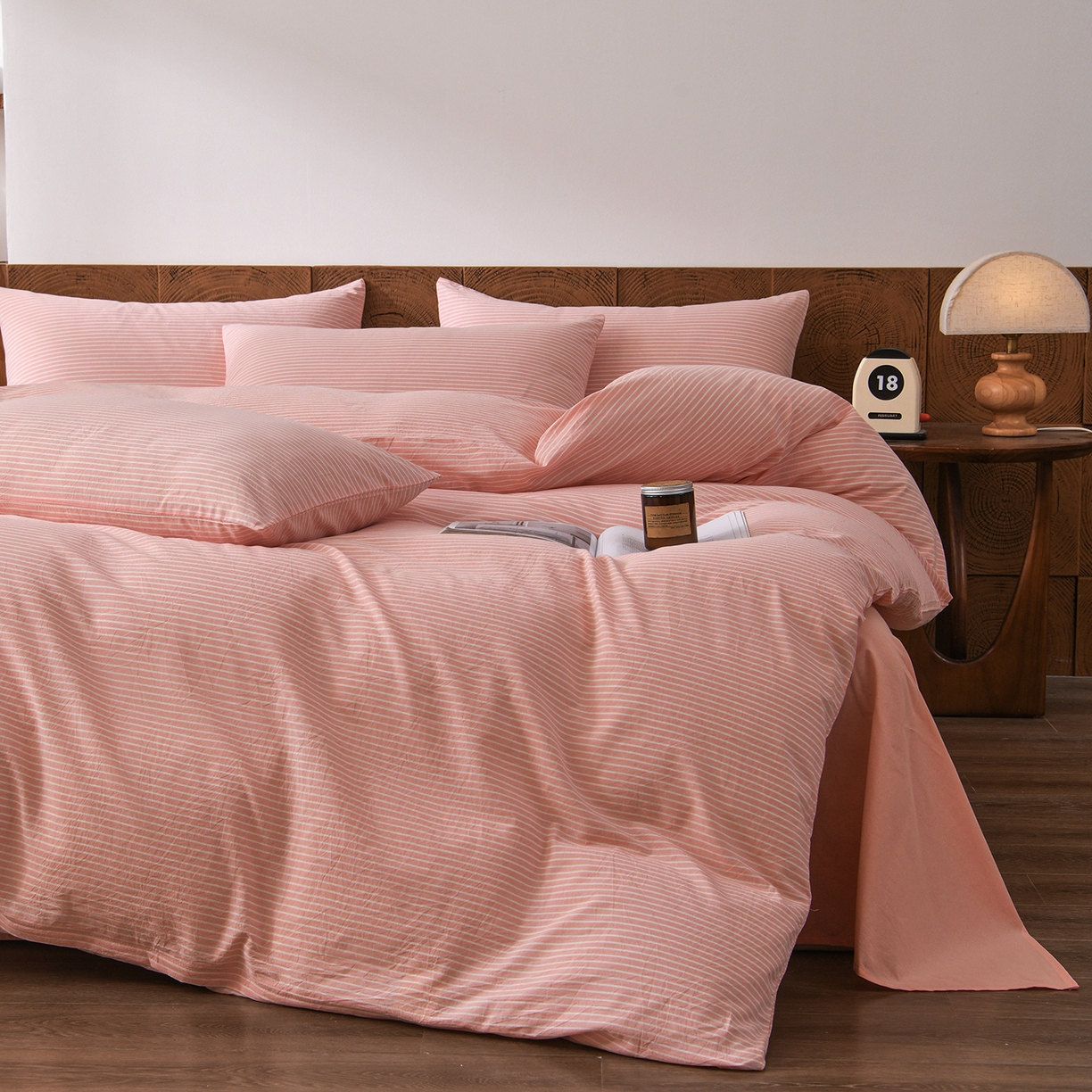 91家纺网 家纺一手货源 找家纺 金艾草 2026新款全棉纯棉水洗棉四件套床单款-复古风格 条纹-粉色