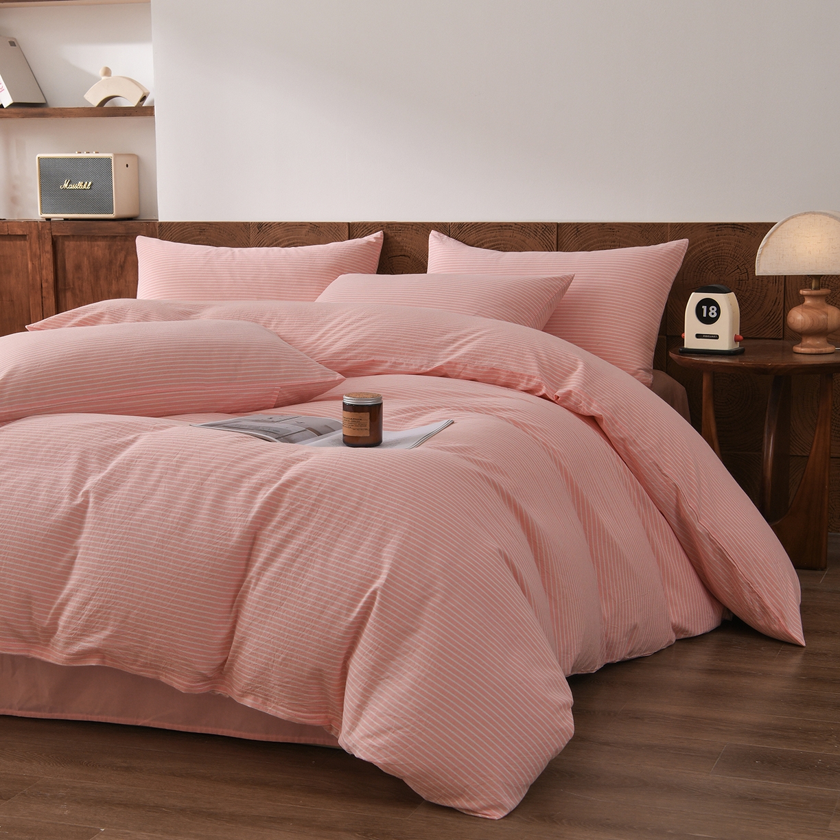 91家纺网 家纺一手货源 找家纺 金艾草 2026新款全棉纯棉水洗棉四件套床单款-复古风格 条纹-粉色