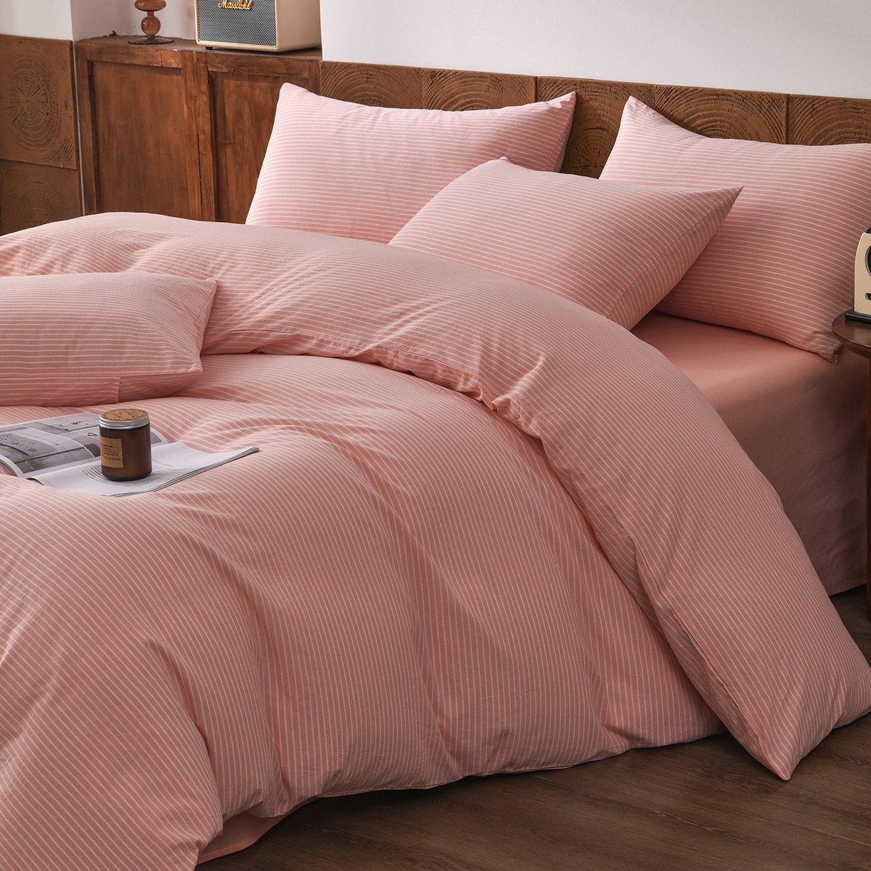 91家纺网 家纺一手货源 找家纺 金艾草 2026新款全棉纯棉水洗棉四件套床单款-复古风格 条纹-粉色