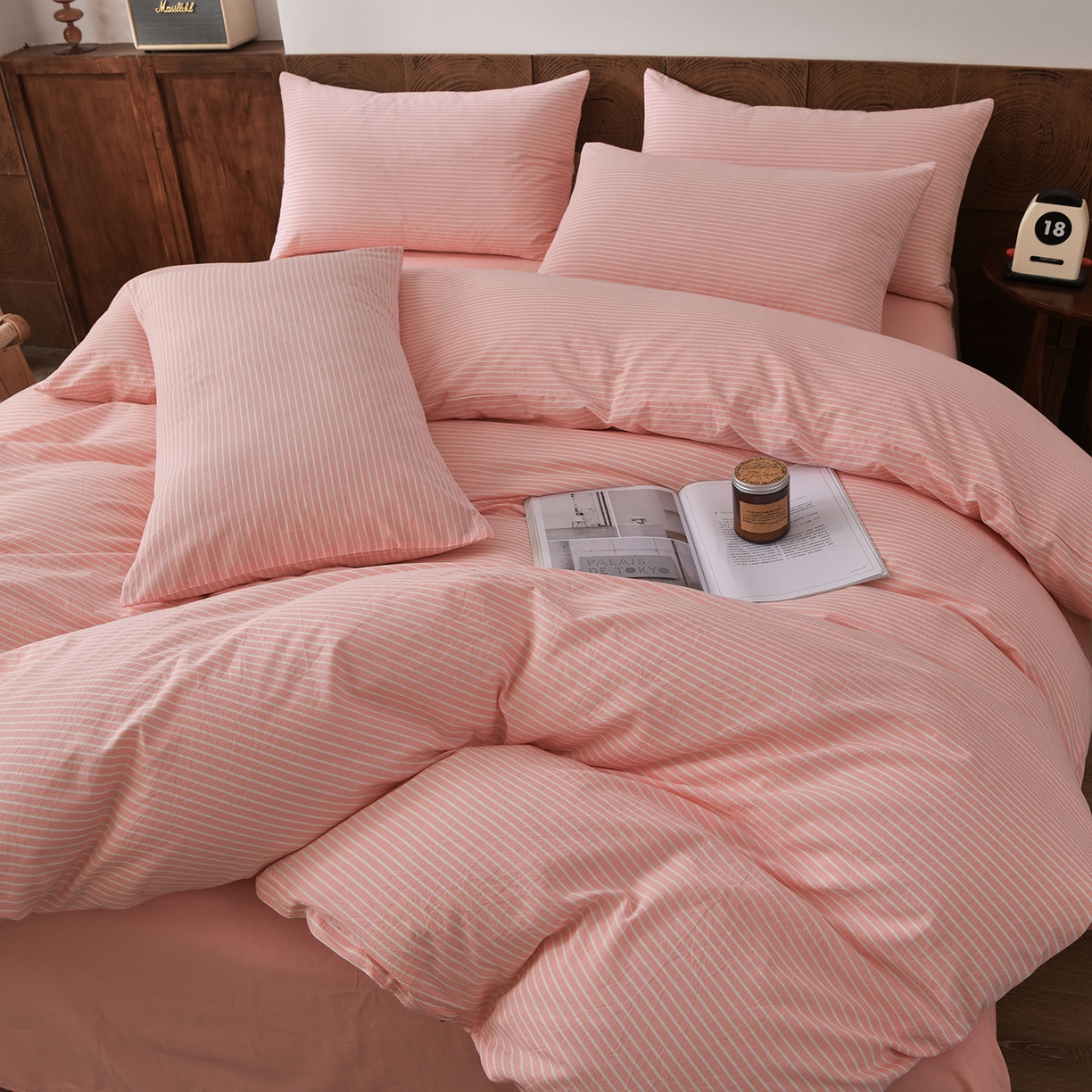 91家纺网 家纺一手货源 找家纺 金艾草 2026新款全棉纯棉水洗棉四件套床单款-复古风格 条纹-粉色