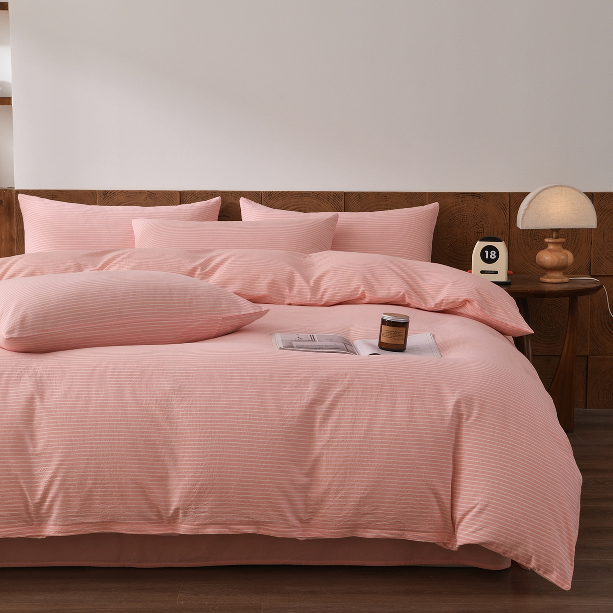 91家纺网 家纺一手货源 找家纺 金艾草 2026新款全棉纯棉水洗棉四件套床单款-复古风格 条纹-粉色