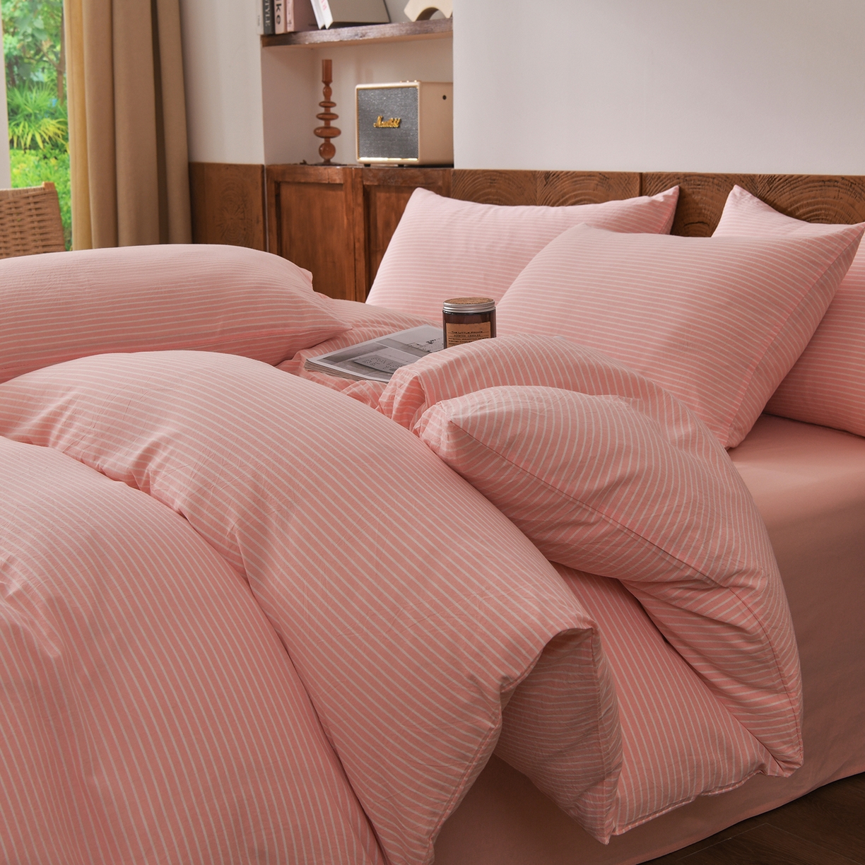 91家纺网 家纺一手货源 找家纺 金艾草 2026新款全棉纯棉水洗棉四件套床单款-复古风格 条纹-粉色