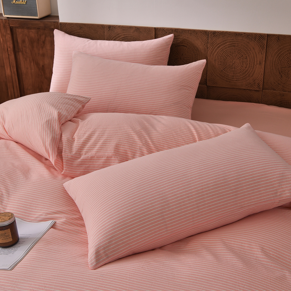 91家纺网 家纺一手货源 找家纺 金艾草 2026新款全棉纯棉水洗棉四件套床单款-复古风格 条纹-粉色