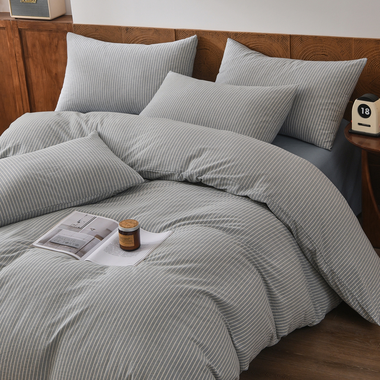 金艾草 2026新款全棉纯棉水洗棉四件套床单款-复古风格 条纹-蓝色