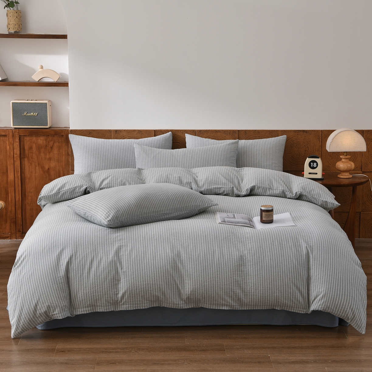 91家纺网 家纺一手货源 找家纺 金艾草 2026新款全棉纯棉水洗棉四件套床单款-复古风格 条纹-蓝色