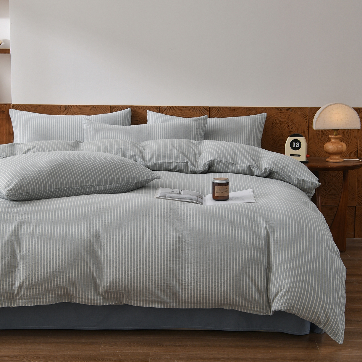 91家纺网 家纺一手货源 找家纺 金艾草 2026新款全棉纯棉水洗棉四件套床单款-复古风格 条纹-蓝色