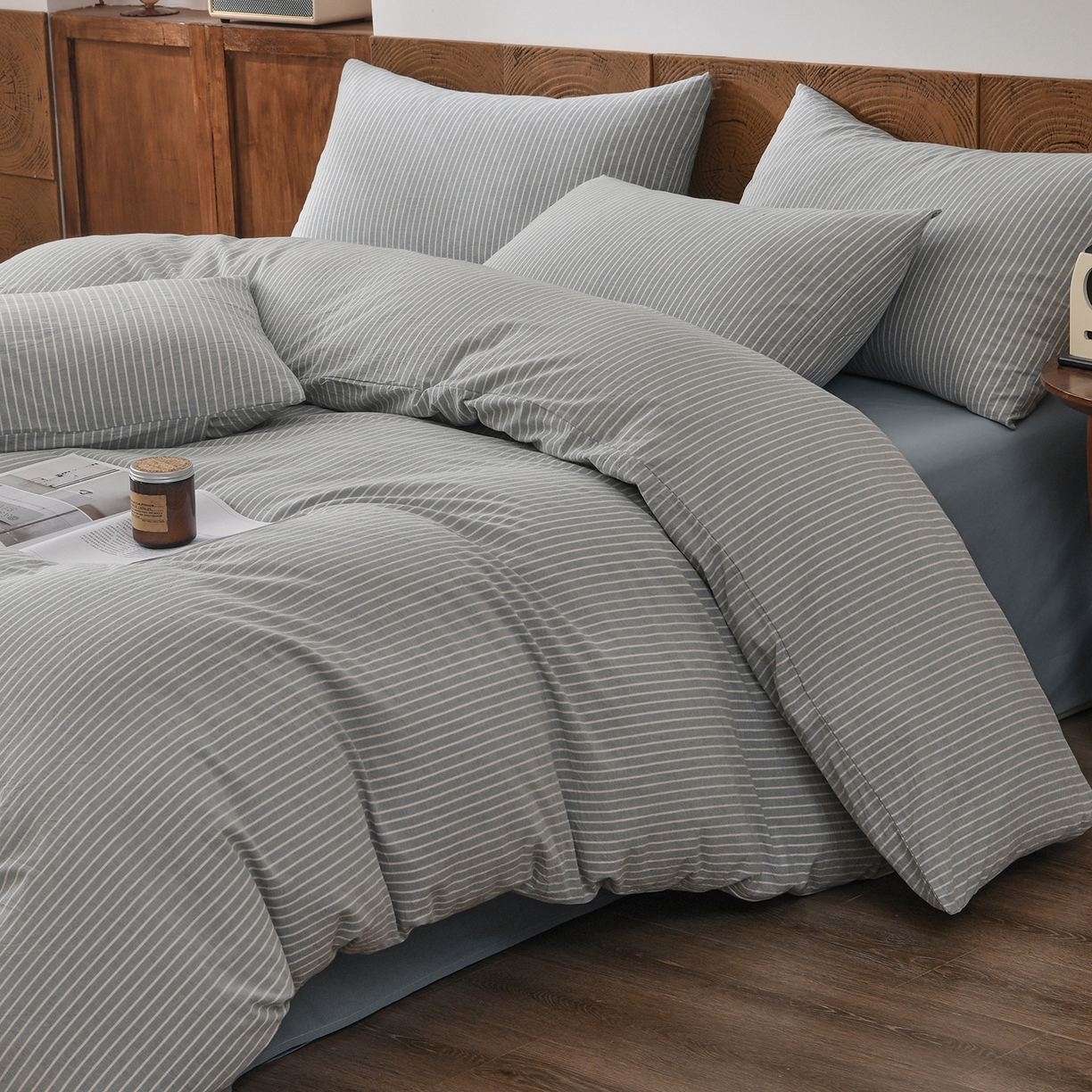 91家纺网 家纺一手货源 找家纺 金艾草 2026新款全棉纯棉水洗棉四件套床单款-复古风格 条纹-蓝色