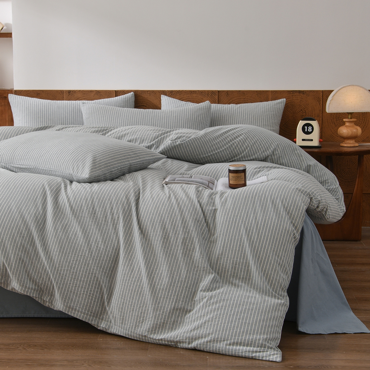 91家纺网 家纺一手货源 找家纺 金艾草 2026新款全棉纯棉水洗棉四件套床单款-复古风格 条纹-蓝色