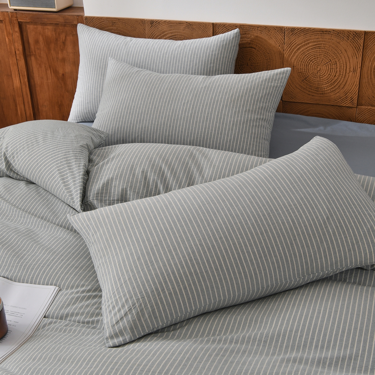 91家纺网 家纺一手货源 找家纺 金艾草 2026新款全棉纯棉水洗棉四件套床单款-复古风格 条纹-蓝色