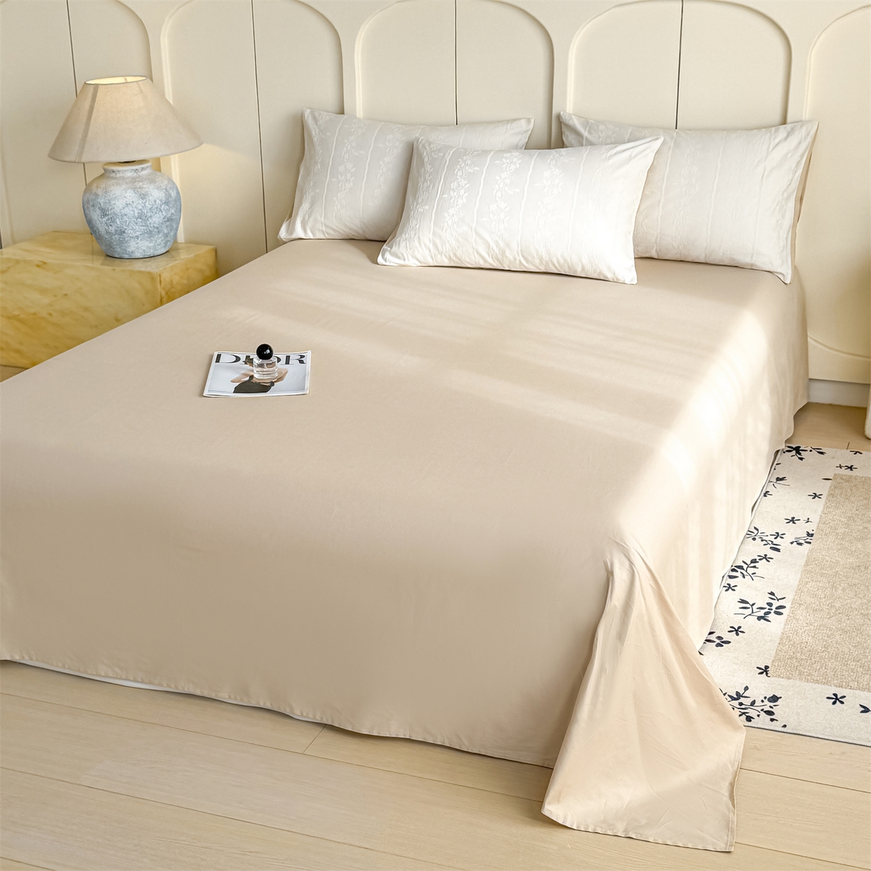 91家纺网 家纺一手货源 找家纺 灰鲸 2026新款全棉纯棉厚织贡缎大提花四件套 花蔓-杏仁奶霜