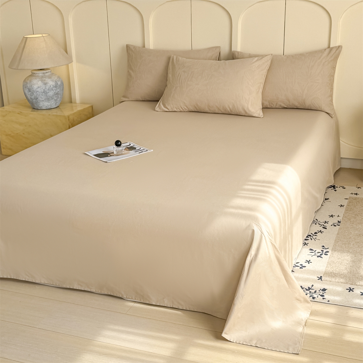 91家纺网 家纺一手货源 找家纺 灰鲸 2026新款全棉纯棉厚织贡缎大提花四件套 花汀-可可杏