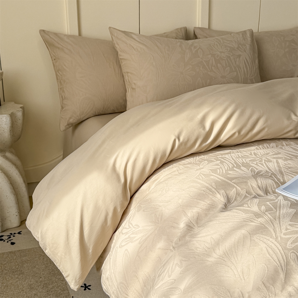 91家纺网 家纺一手货源 找家纺 灰鲸 2026新款全棉纯棉厚织贡缎大提花四件套 花汀-可可杏