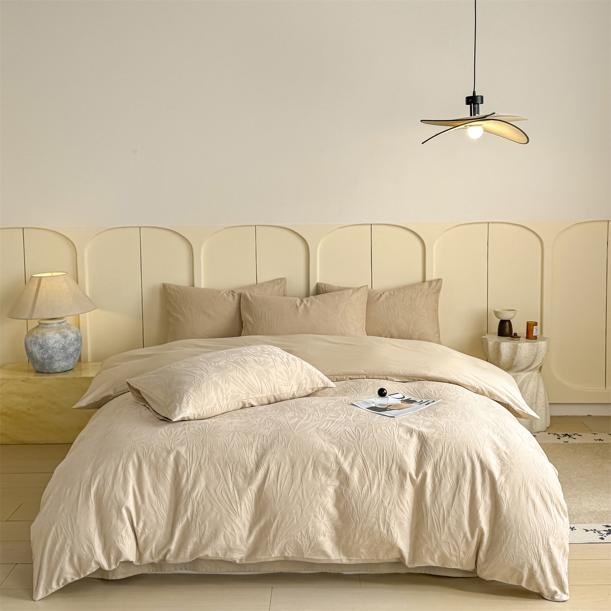 91家纺网 家纺一手货源 找家纺 灰鲸 2026新款全棉纯棉厚织贡缎大提花四件套 花汀-可可杏