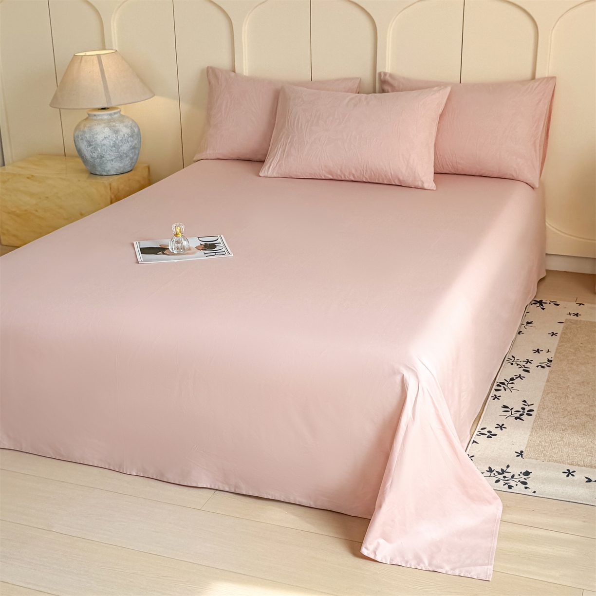 91家纺网 家纺一手货源 找家纺 灰鲸 2026新款全棉纯棉厚织贡缎大提花四件套 花汀-蜜春粉