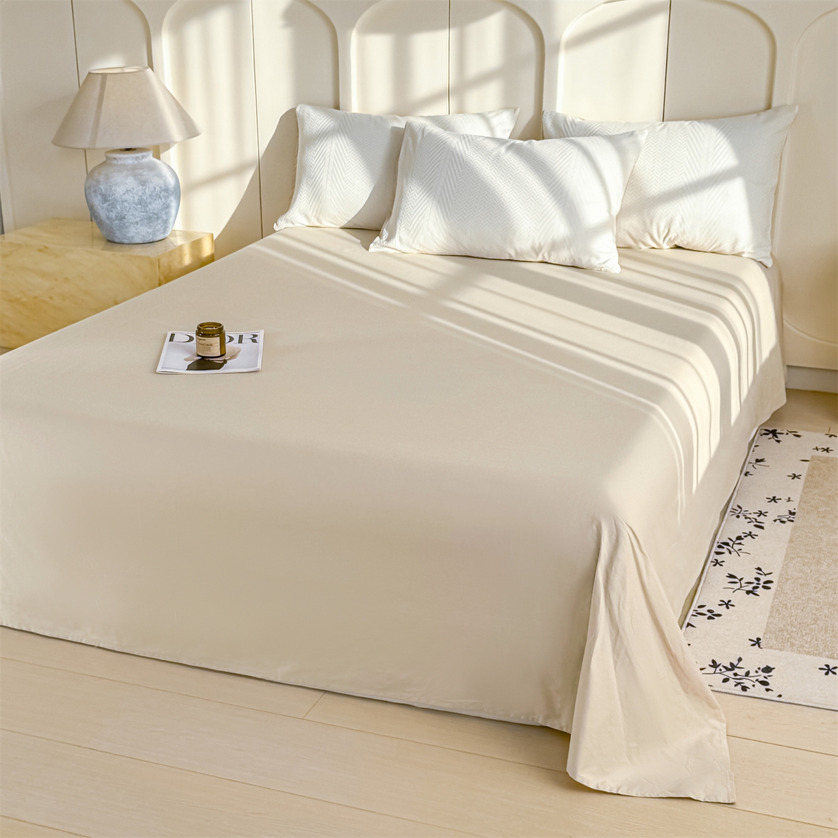 91家纺网 家纺一手货源 找家纺 灰鲸 2026新款全棉纯棉厚织贡缎大提花四件套 简森-杏仁奶霜