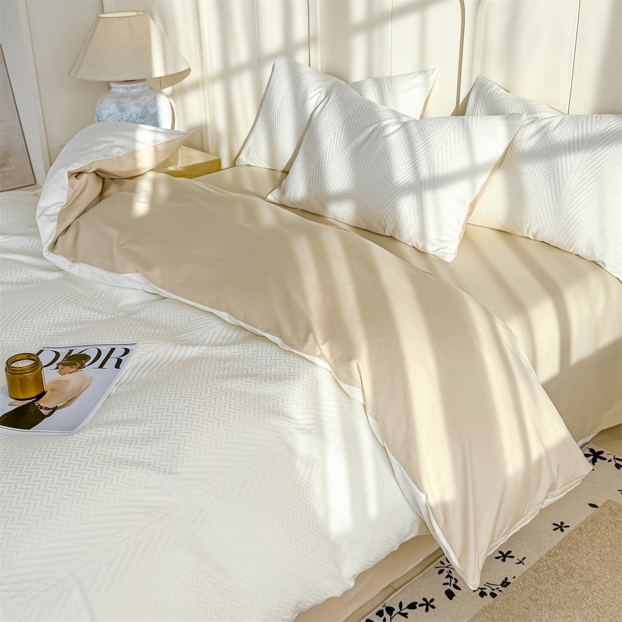 91家纺网 家纺一手货源 找家纺 灰鲸 2026新款全棉纯棉厚织贡缎大提花四件套 简森-杏仁奶霜