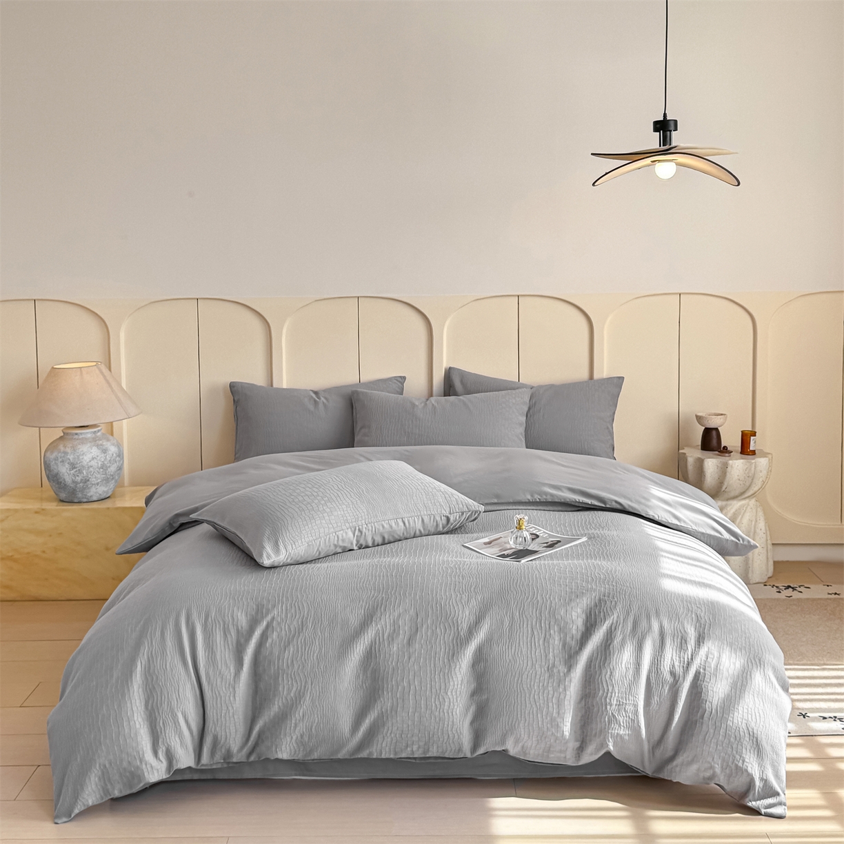 91家纺网 家纺一手货源 找家纺 灰鲸 2026新款全棉纯棉厚织贡缎大提花四件套 黎辉-雾灰