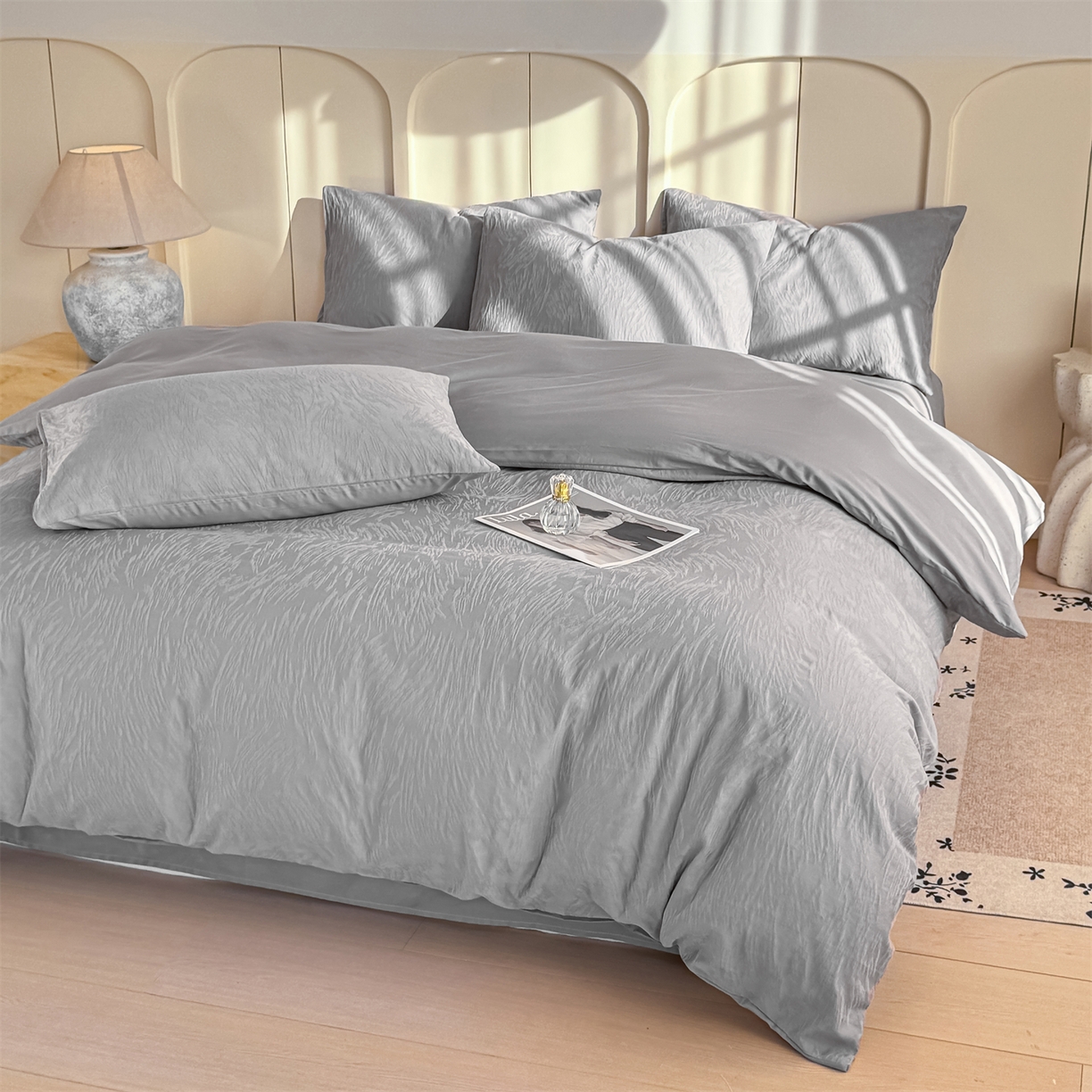 91家纺网 家纺一手货源 找家纺 灰鲸 2026新款全棉纯棉厚织贡缎大提花四件套 弥爱-雾灰