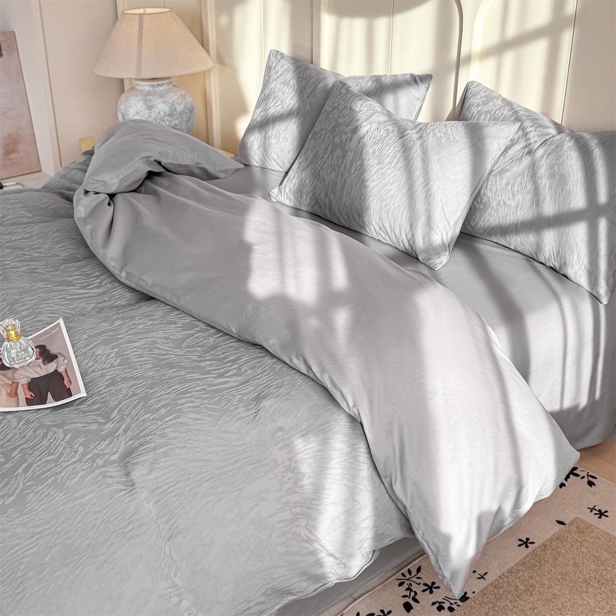 91家纺网 家纺一手货源 找家纺 灰鲸 2026新款全棉纯棉厚织贡缎大提花四件套 弥爱-雾灰