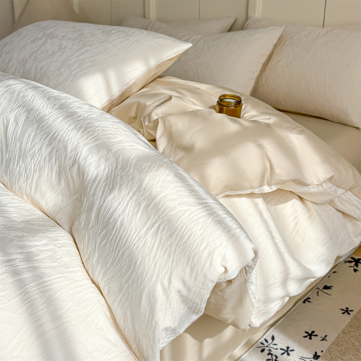 91家纺网 家纺一手货源 找家纺 灰鲸 2026新款全棉纯棉厚织贡缎大提花四件套 弥爱-杏仁奶霜