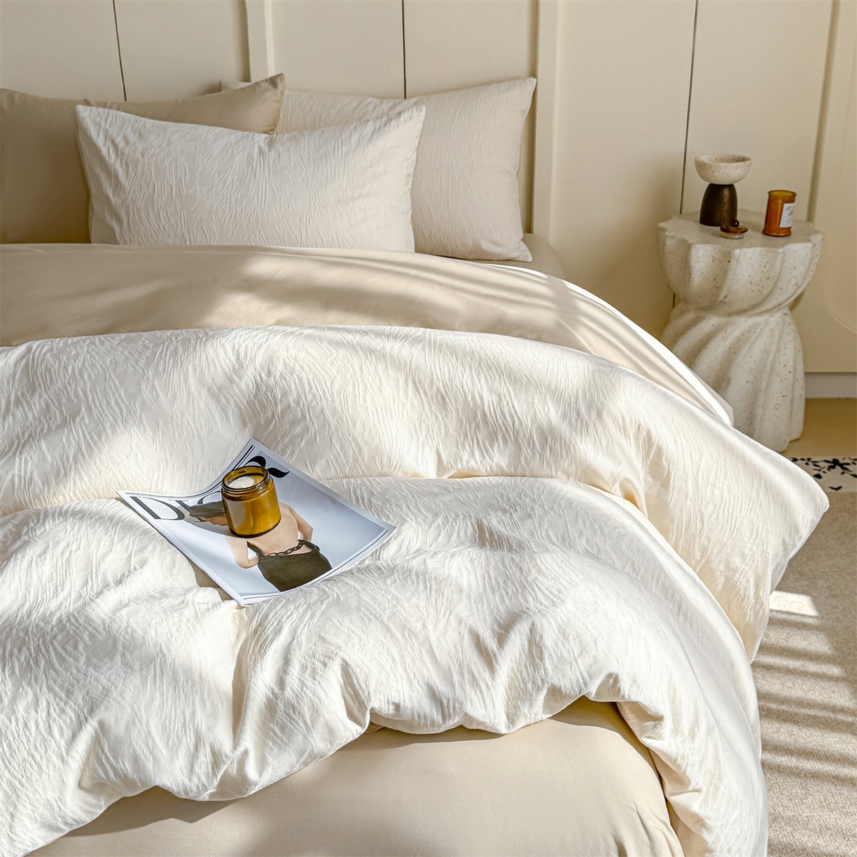 91家纺网 家纺一手货源 找家纺 灰鲸 2026新款全棉纯棉厚织贡缎大提花四件套 弥爱-杏仁奶霜