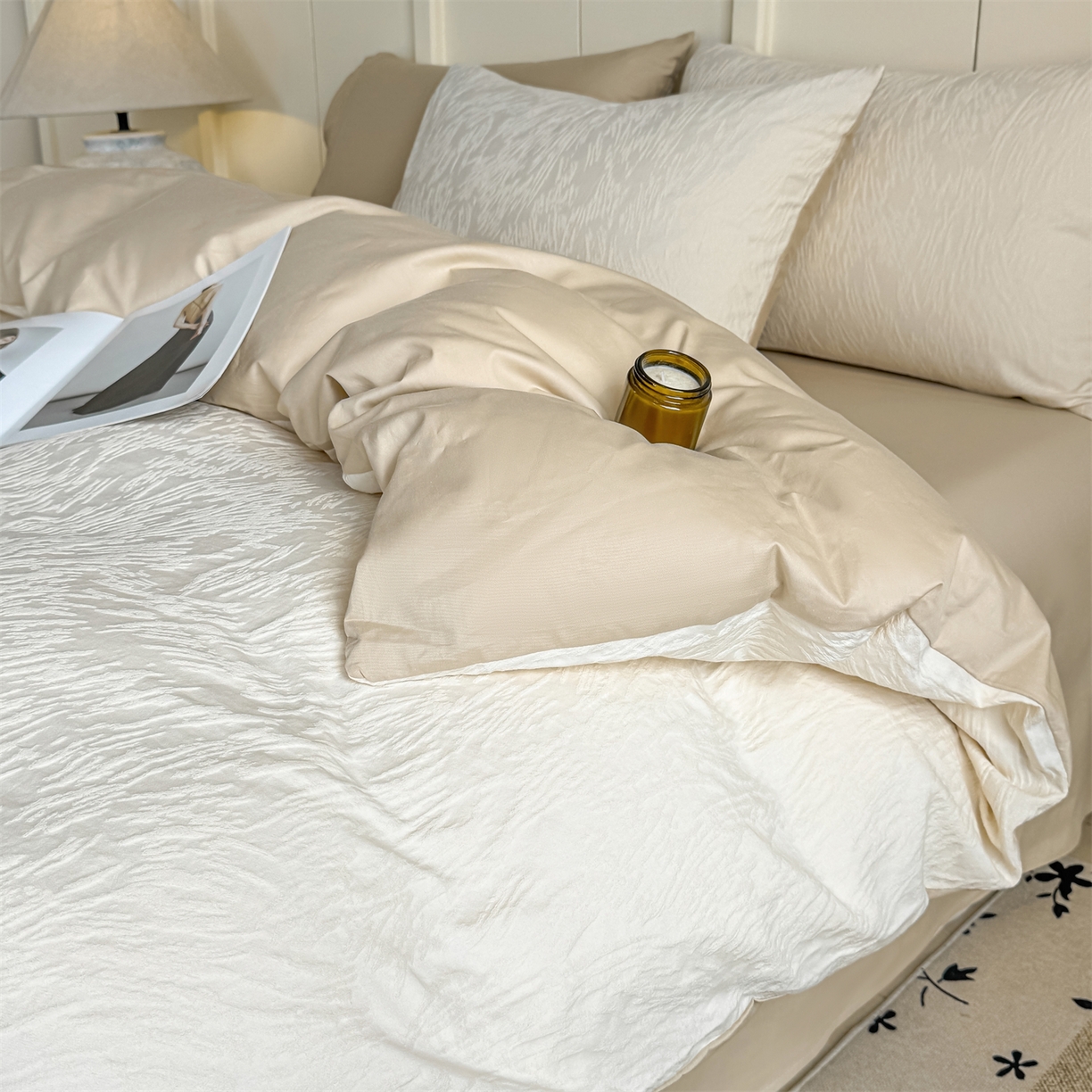 91家纺网 家纺一手货源 找家纺 灰鲸 2026新款全棉纯棉厚织贡缎大提花四件套 弥爱-杏仁奶霜