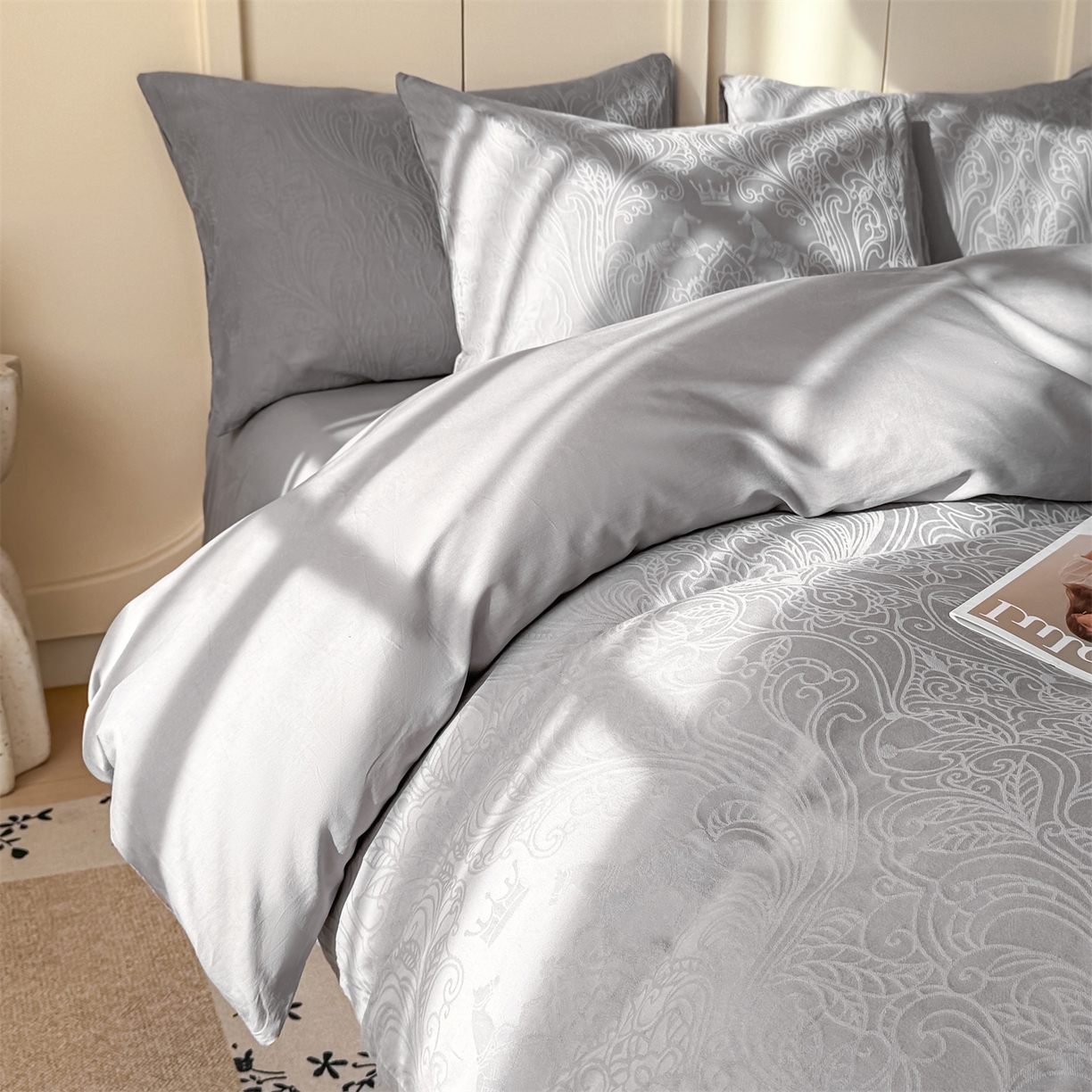 91家纺网 家纺一手货源 找家纺 灰鲸 2026新款全棉纯棉厚织贡缎大提花四件套 珀伽索斯-雾灰
