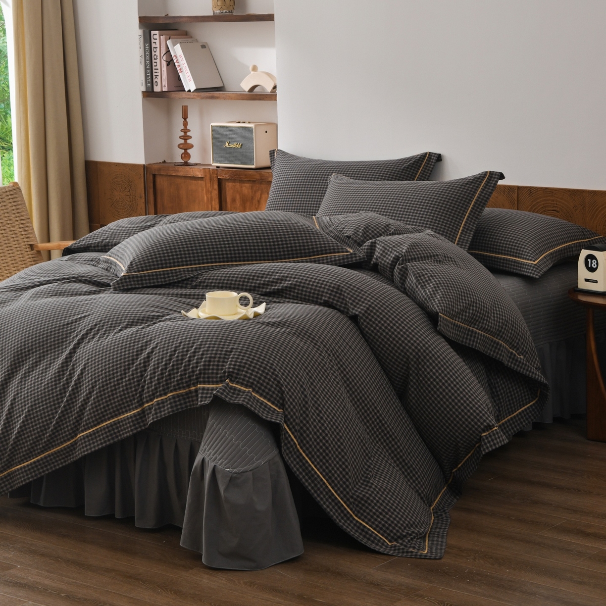 91家纺网 家纺一手货源 找家纺 金艾草 2026春夏新款全棉纯棉色织水洗棉床盖四件套 关山月-灰