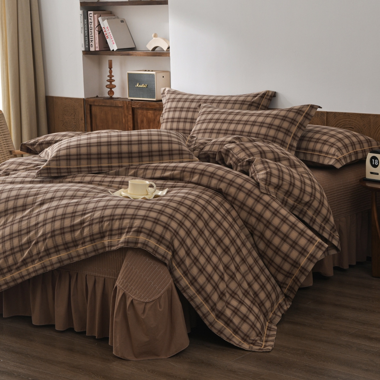 91家纺网 家纺一手货源 找家纺 金艾草 2026春夏新款全棉纯棉色织水洗棉床盖四件套 芳菲-咖