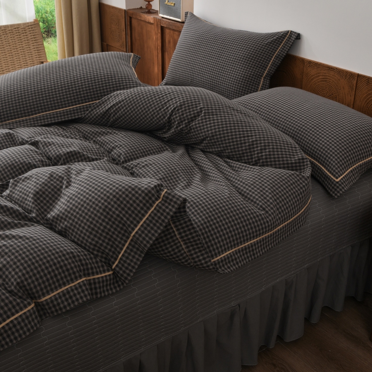 91家纺网 家纺一手货源 找家纺 金艾草 2026春夏新款全棉纯棉色织水洗棉床盖四件套 关山月-灰