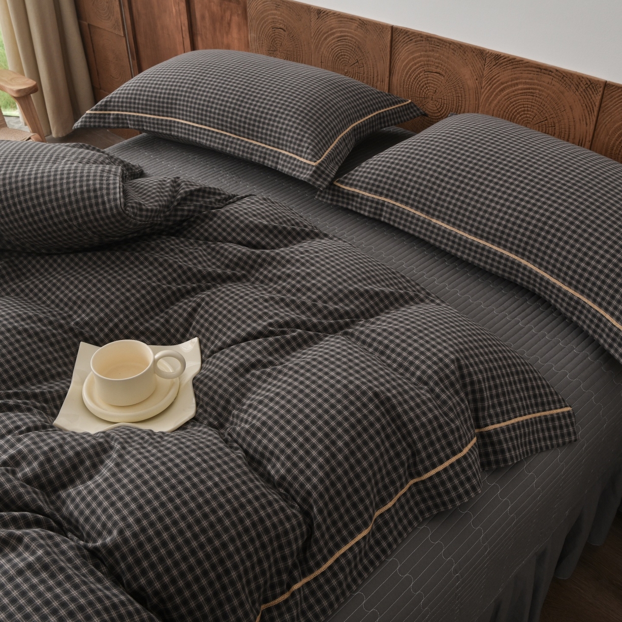 91家纺网 家纺一手货源 找家纺 金艾草 2026春夏新款全棉纯棉色织水洗棉床盖四件套 关山月-灰