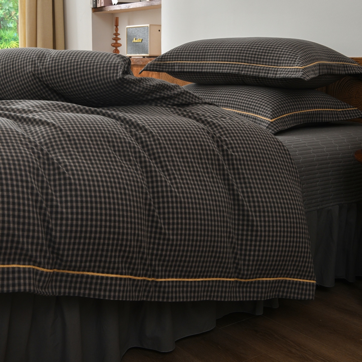 91家纺网 家纺一手货源 找家纺 金艾草 2026春夏新款全棉纯棉色织水洗棉床盖四件套 关山月-灰