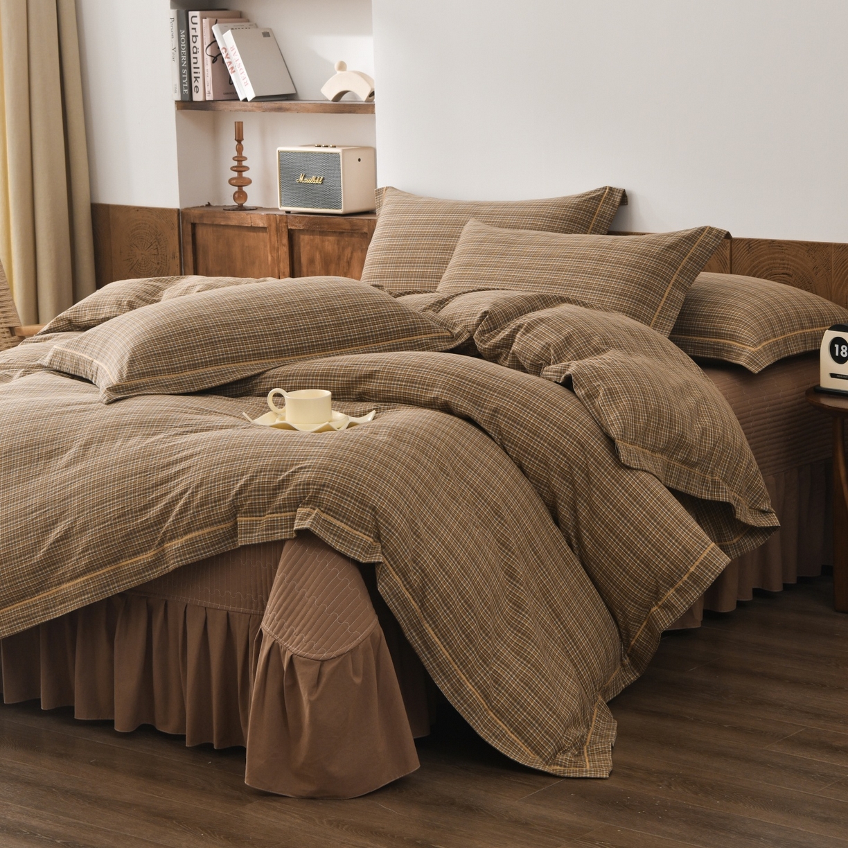 金艾草 2026春夏新款全棉纯棉色织水洗棉床盖四件套 沉香-褐色