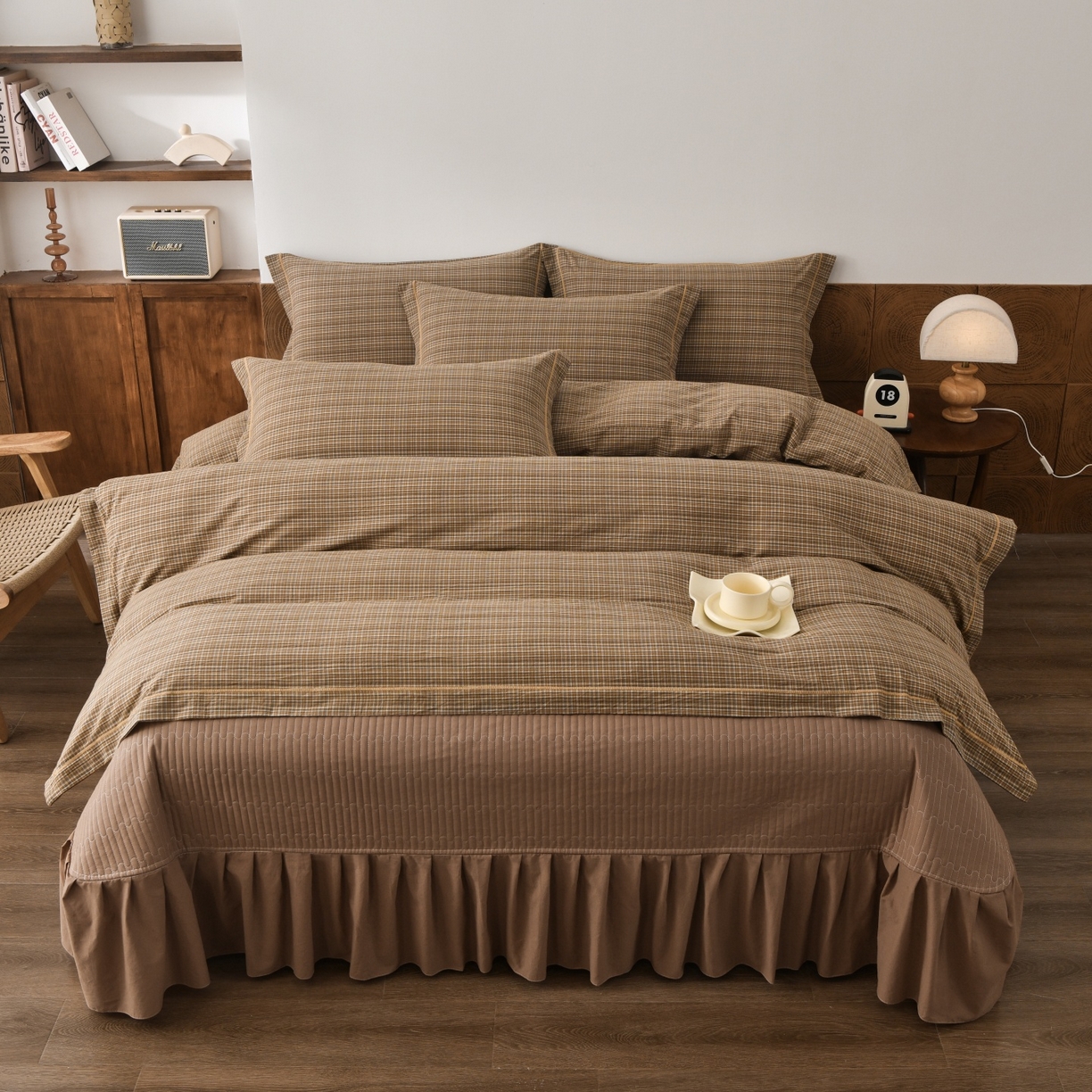 91家纺网 家纺一手货源 找家纺 金艾草 2026春夏新款全棉纯棉色织水洗棉床盖四件套 沉香-褐色