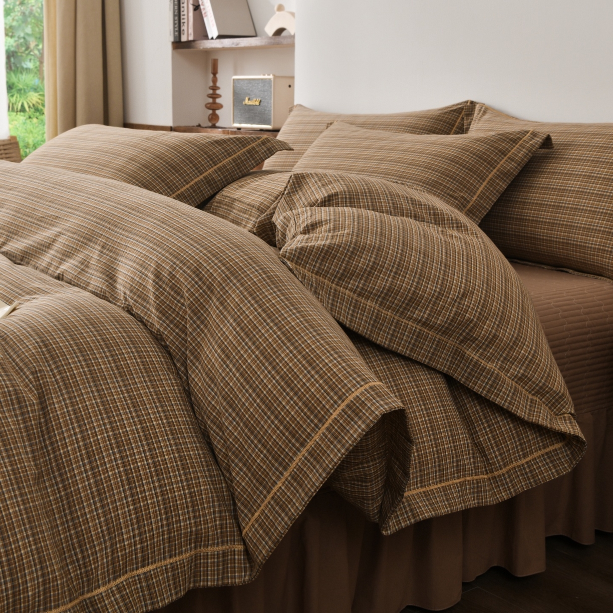 91家纺网 家纺一手货源 找家纺 金艾草 2026春夏新款全棉纯棉色织水洗棉床盖四件套 沉香-褐色