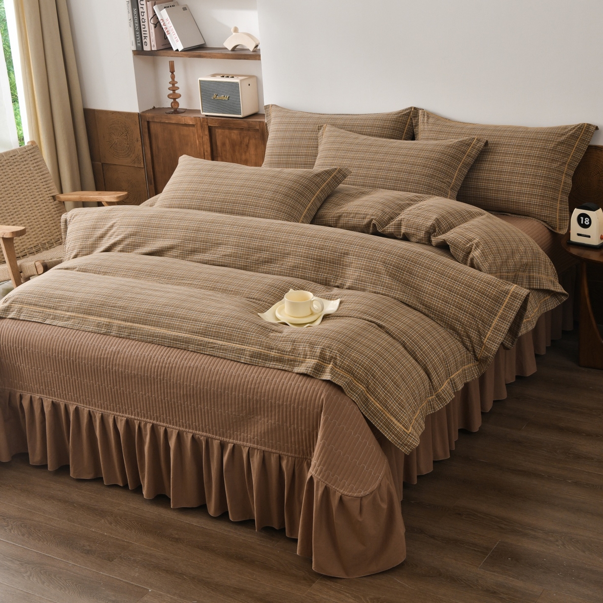 91家纺网 家纺一手货源 找家纺 金艾草 2026春夏新款全棉纯棉色织水洗棉床盖四件套 沉香-褐色