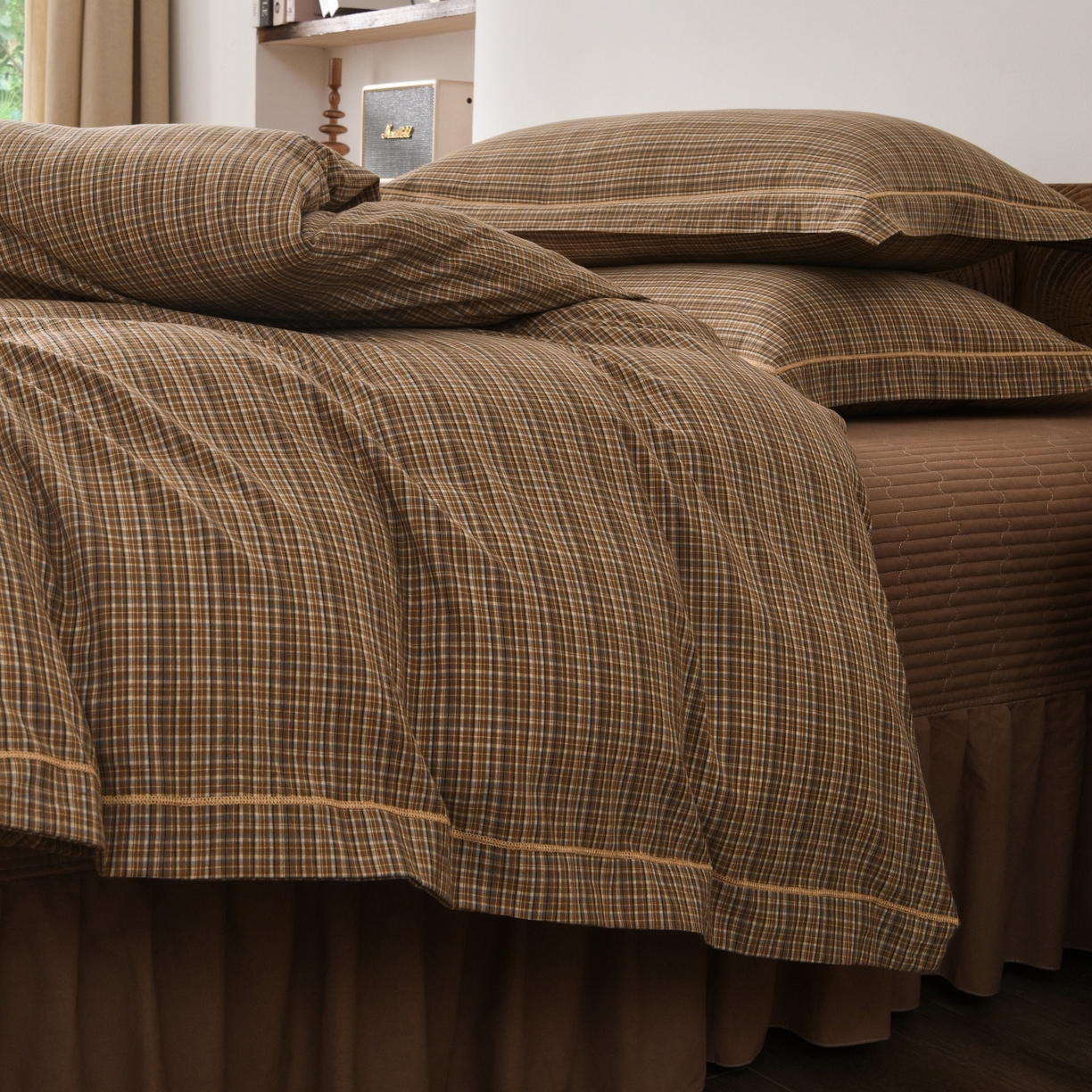 91家纺网 家纺一手货源 找家纺 金艾草 2026春夏新款全棉纯棉色织水洗棉床盖四件套 沉香-褐色