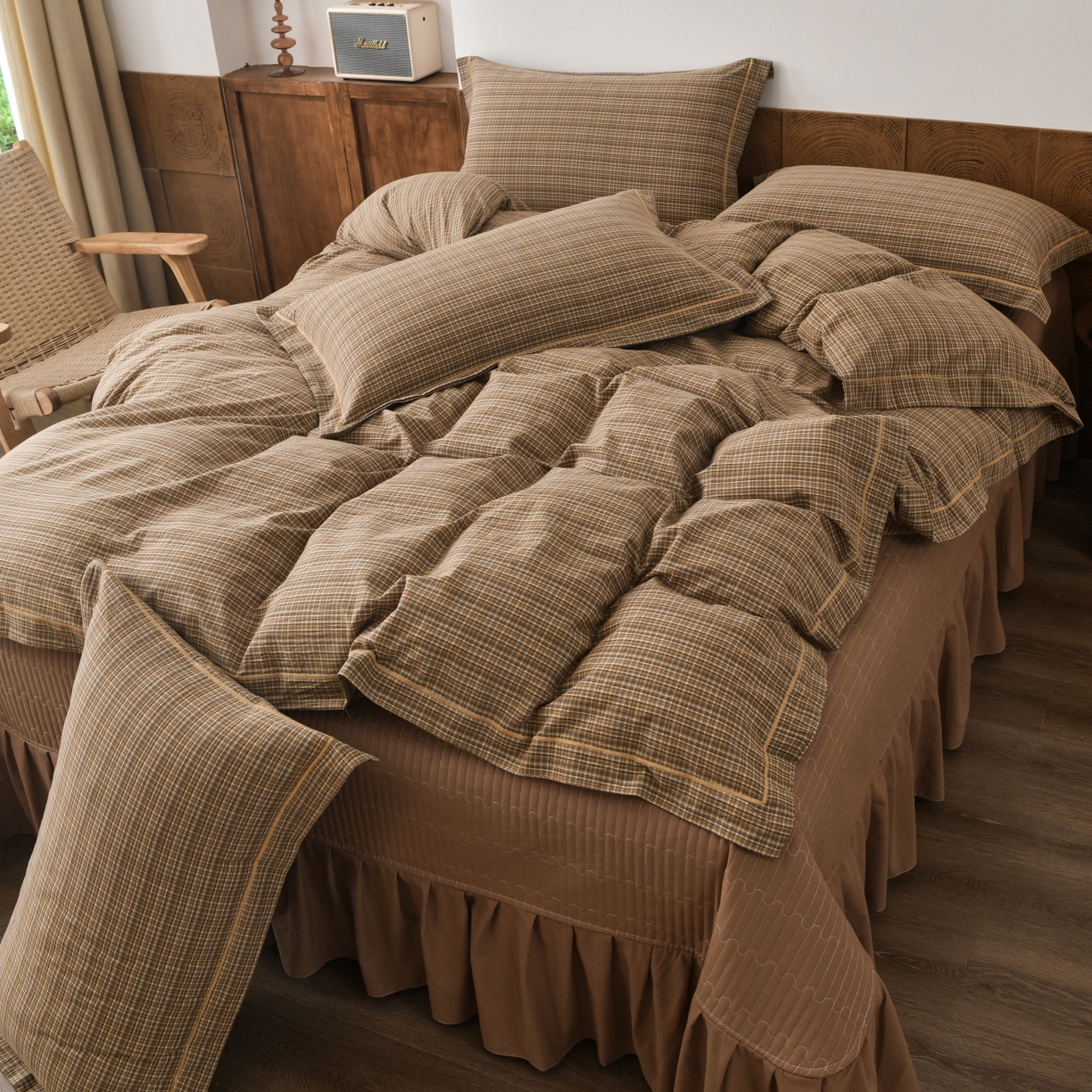 91家纺网 家纺一手货源 找家纺 金艾草 2026春夏新款全棉纯棉色织水洗棉床盖四件套 沉香-褐色