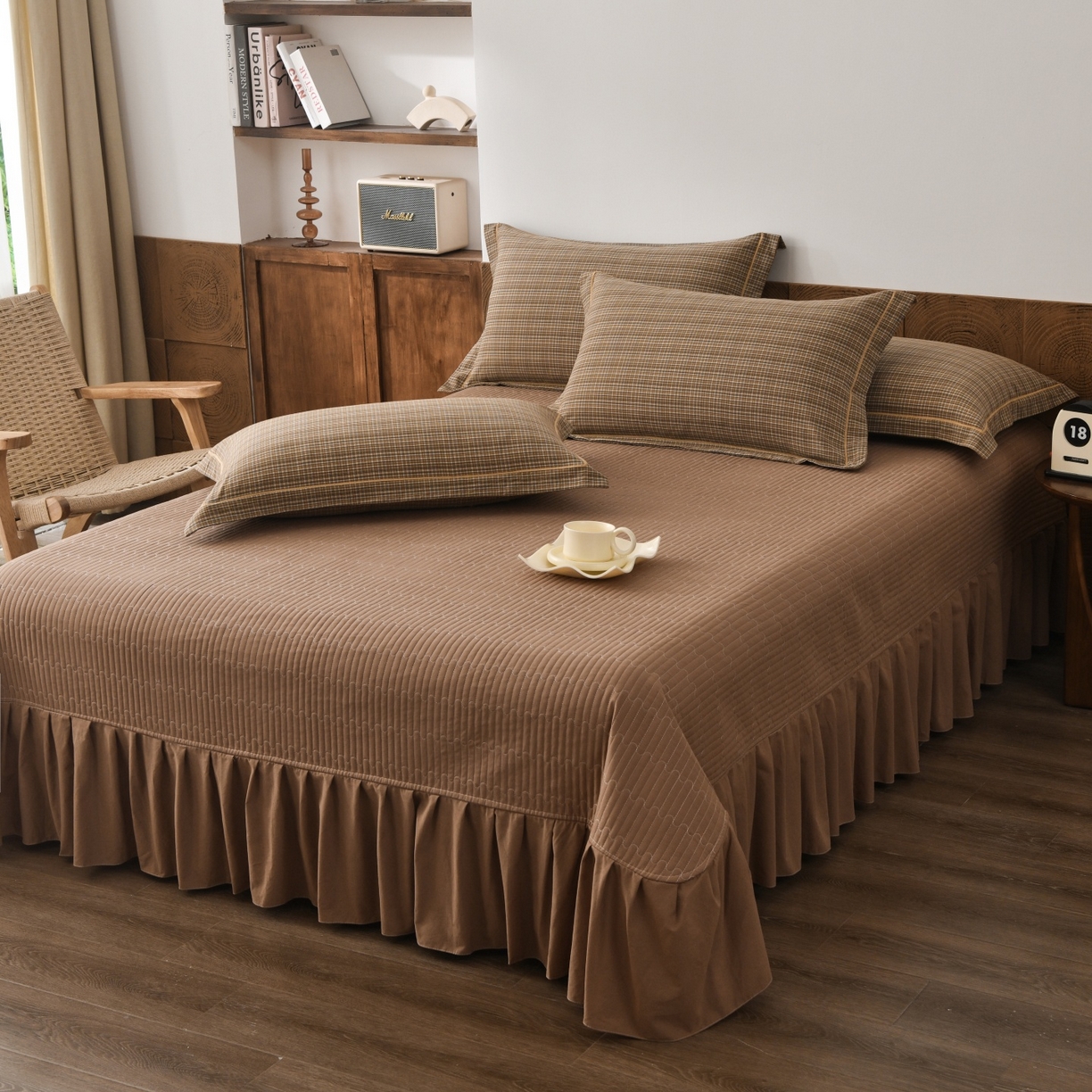 91家纺网 家纺一手货源 找家纺 金艾草 2026春夏新款全棉纯棉色织水洗棉床盖四件套 沉香-褐色