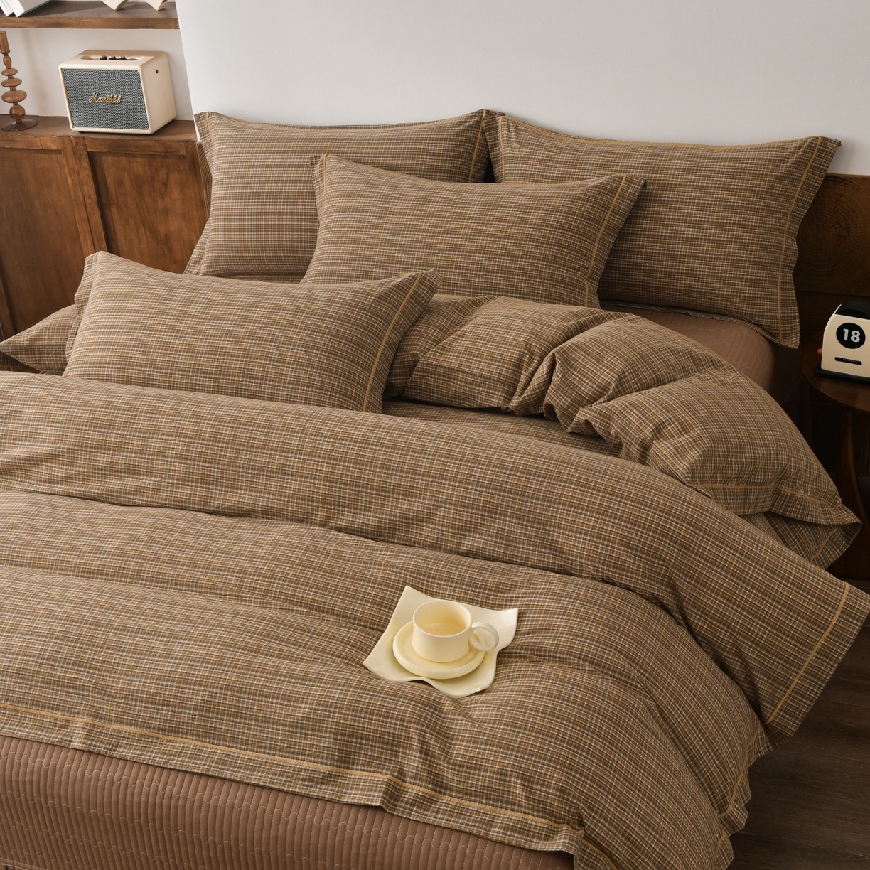 91家纺网 家纺一手货源 找家纺 金艾草 2026春夏新款全棉纯棉色织水洗棉床盖四件套 沉香-褐色