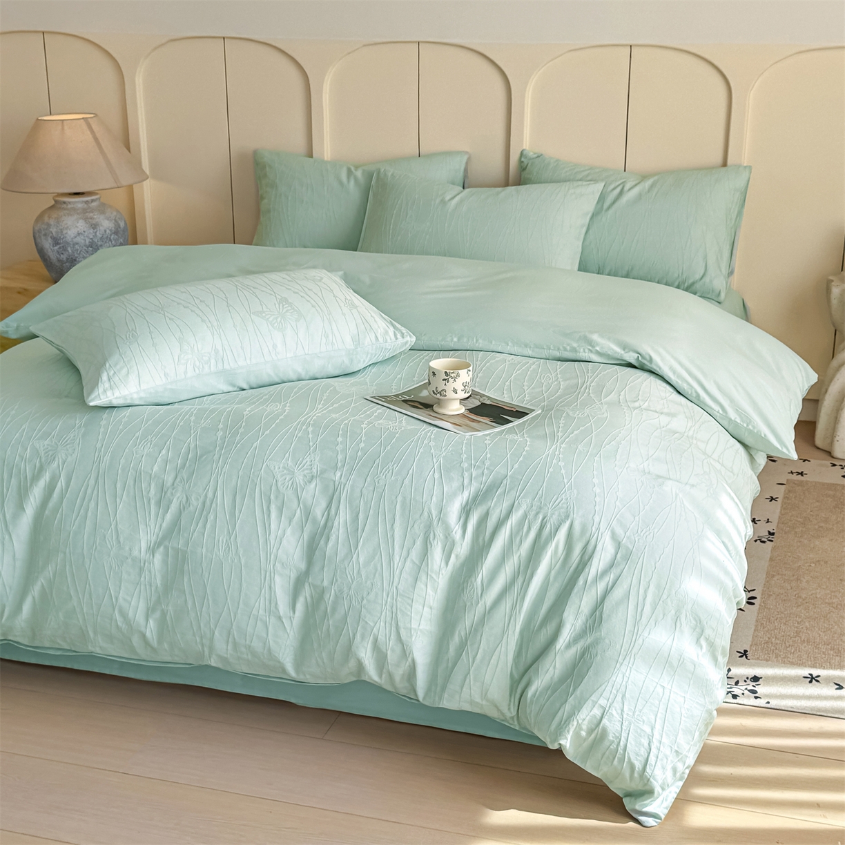 91家纺网 家纺一手货源 找家纺 灰鲸 2026新款全棉纯棉厚织贡缎大提花四件套 如梦-蒂夫蓝