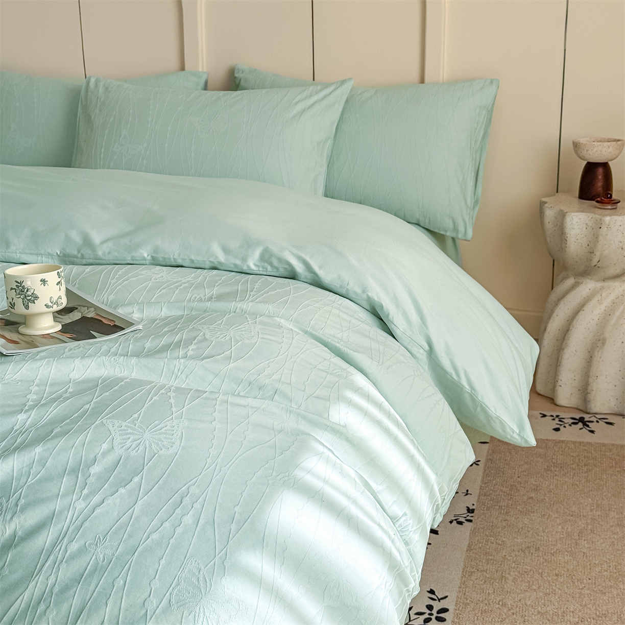 91家纺网 家纺一手货源 找家纺 灰鲸 2026新款全棉纯棉厚织贡缎大提花四件套 如梦-蒂夫蓝