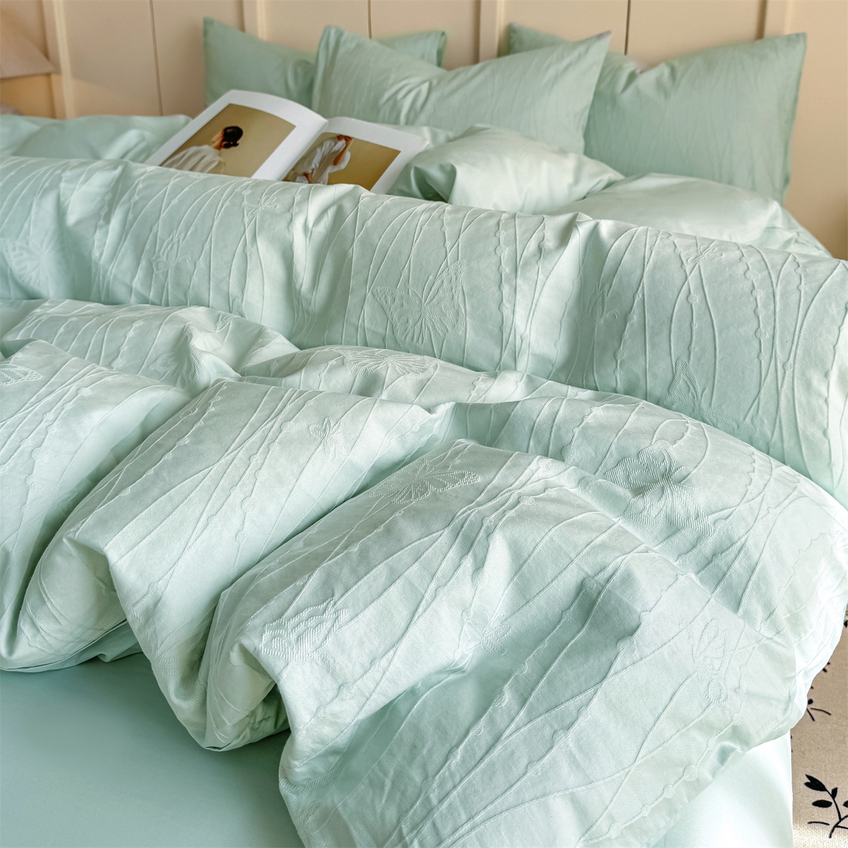 91家纺网 家纺一手货源 找家纺 灰鲸 2026新款全棉纯棉厚织贡缎大提花四件套 如梦-蒂夫蓝