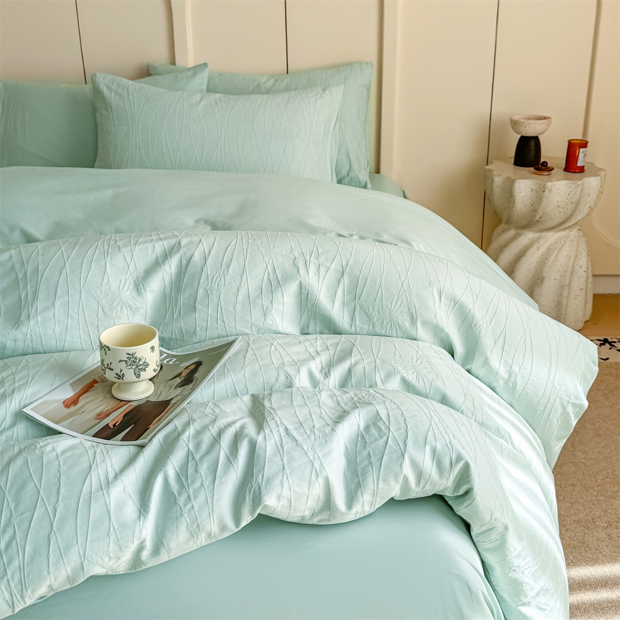 91家纺网 家纺一手货源 找家纺 灰鲸 2026新款全棉纯棉厚织贡缎大提花四件套 如梦-蒂夫蓝