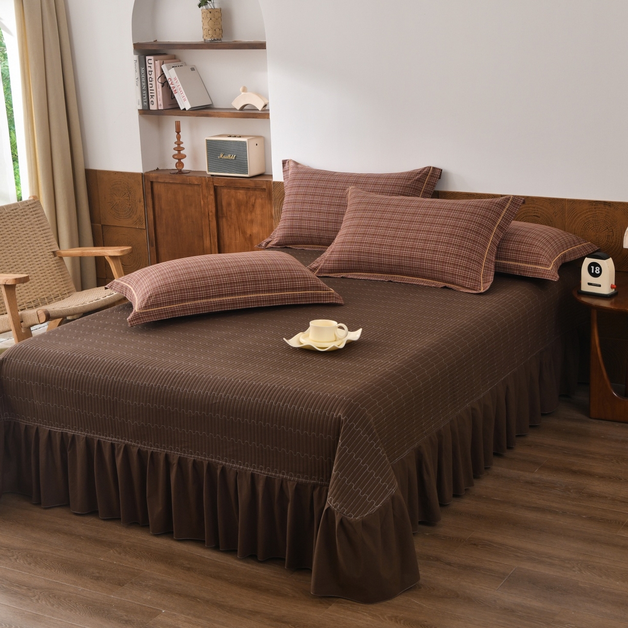 91家纺网 家纺一手货源 找家纺 金艾草 2026春夏新款全棉纯棉色织水洗棉床盖四件套 沉香-橘红